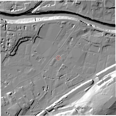 Shaded relief map of the ground around BS34DZ, computed from Environment Agency LiDAR. The ground here sits at about 9 m above sea level and falls 40 m across the surrounding 800 m. Surface water reaching this point runs off ground lying to the south-east, 8.7 m higher.