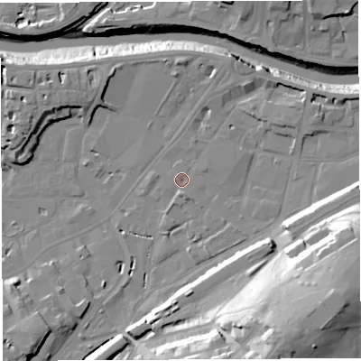 Shaded relief map of the ground around BS34EA, computed from Environment Agency LiDAR. The ground here sits at about 9 m above sea level and falls 40 m across the surrounding 800 m. Surface water reaching this point runs off ground lying to the south-south-east, 33.2 m higher.