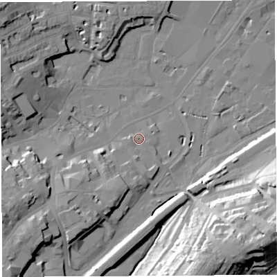 Shaded relief map of the ground around BS34EE, computed from Environment Agency LiDAR. The ground here sits at about 9 m above sea level and falls 34 m across the surrounding 800 m. Surface water reaching this point runs off ground lying to the south-south-west, 7.8 m higher.