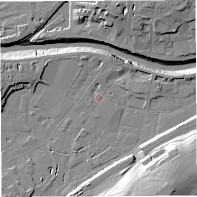 Shaded relief map of the ground around BS34EP, computed from Environment Agency LiDAR. The ground here sits at about 9 m above sea level and falls 37 m across the surrounding 800 m. Surface water reaching this point runs off ground lying to the south-south-east, 30.1 m higher.