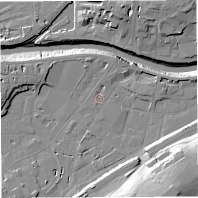 Shaded relief map of the ground around BS34EU, computed from Environment Agency LiDAR. The ground here sits at about 8 m above sea level and falls 37 m across the surrounding 800 m. Surface water reaching this point runs off ground lying to the east-north-east, 1.6 m higher.