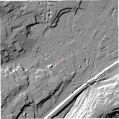 Shaded relief map of the ground around BS34EX, computed from Environment Agency LiDAR. The ground here sits at about 9 m above sea level and falls 34 m across the surrounding 800 m. Surface water reaching this point runs off ground lying to the south-west, 9.3 m higher.