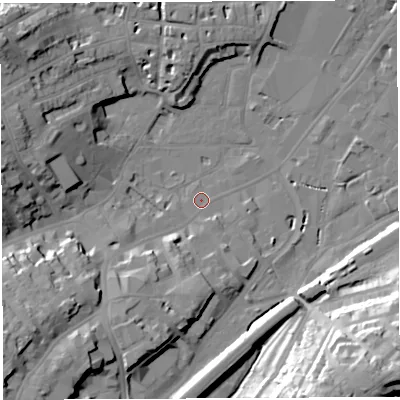 Shaded relief map of the ground around BS34EY, computed from Environment Agency LiDAR. The ground here sits at about 9 m above sea level and falls 34 m across the surrounding 800 m. Surface water reaching this point runs off ground lying to the south-south-east, 33.6 m higher.
