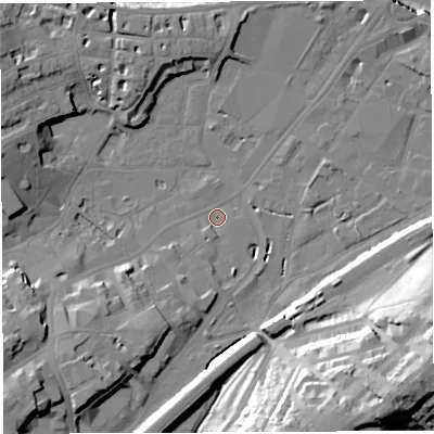 Shaded relief map of the ground around BS34HB, computed from Environment Agency LiDAR. The ground here sits at about 8 m above sea level and falls 40 m across the surrounding 800 m. Surface water reaching this point runs off ground lying to the south-east, 34.1 m higher.