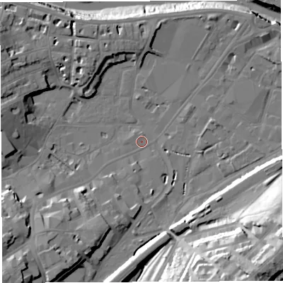 Shaded relief map of the ground around BS34HD, computed from Environment Agency LiDAR. The ground here sits at about 8 m above sea level and falls 41 m across the surrounding 800 m. Surface water reaching this point runs off ground lying to the south-east, 34.1 m higher.