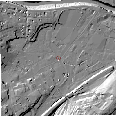 Shaded relief map of the ground around BS34HE, computed from Environment Agency LiDAR. The ground here sits at about 8 m above sea level and falls 41 m across the surrounding 800 m. Surface water reaching this point runs off ground lying to the south-east, 34.1 m higher.