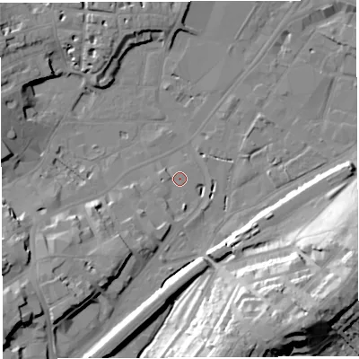 Shaded relief map of the ground around BS34HG, computed from Environment Agency LiDAR. The ground here sits at about 9 m above sea level and falls 35 m across the surrounding 800 m. Surface water reaching this point runs off ground lying to the west-south-west, 1.1 m higher.