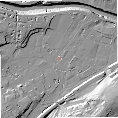Shaded relief map of the ground around BS34HH, computed from Environment Agency LiDAR. The ground here sits at about 8 m above sea level and falls 41 m across the surrounding 800 m. Surface water reaching this point runs off ground lying to the south-south-east, 31.8 m higher.