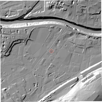 Shaded relief map of the ground around BS34HL, computed from Environment Agency LiDAR. The ground here sits at about 9 m above sea level and falls 38 m across the surrounding 800 m. Surface water reaching this point runs off ground lying to the south-south-east, 31.1 m higher.