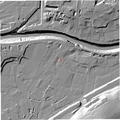 Shaded relief map of the ground around BS34HR, computed from Environment Agency LiDAR. The ground here sits at about 9 m above sea level and falls 36 m across the surrounding 800 m. Surface water reaching this point runs off ground lying to the north-north-east, 2.8 m higher.