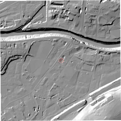 Shaded relief map of the ground around BS34HS, computed from Environment Agency LiDAR. The ground here sits at about 8 m above sea level and falls 36 m across the surrounding 800 m. Surface water reaching this point runs off ground lying to the north-north-east, 2.6 m higher.