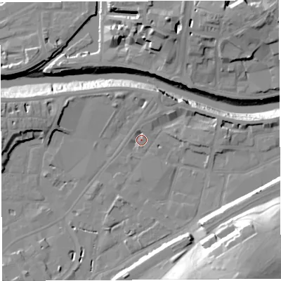 Shaded relief map of the ground around BS34HU, computed from Environment Agency LiDAR. The ground here sits at about 8 m above sea level and falls 36 m across the surrounding 800 m. Surface water reaching this point runs off ground lying to the north-north-east, 2.8 m higher.