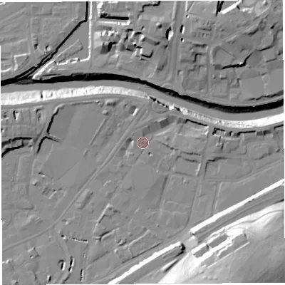 Shaded relief map of the ground around BS34HX, computed from Environment Agency LiDAR. The ground here sits at about 9 m above sea level and falls 35 m across the surrounding 800 m. Surface water reaching this point runs off ground lying to the south-south-east, 28.7 m higher.