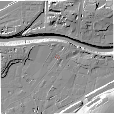 Shaded relief map of the ground around BS34HY, computed from Environment Agency LiDAR. The ground here sits at about 9 m above sea level and falls 34 m across the surrounding 800 m. Surface water reaching this point runs off ground lying to the north-north-west, 4.0 m higher.