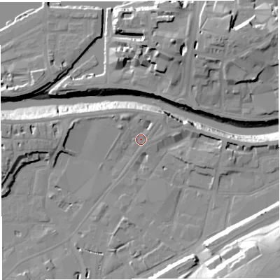 Shaded relief map of the ground around BS34JA, computed from Environment Agency LiDAR. The ground here sits at about 9 m above sea level and falls 33 m across the surrounding 800 m. Surface water reaching this point runs off ground lying to the north-north-west, 4.0 m higher.