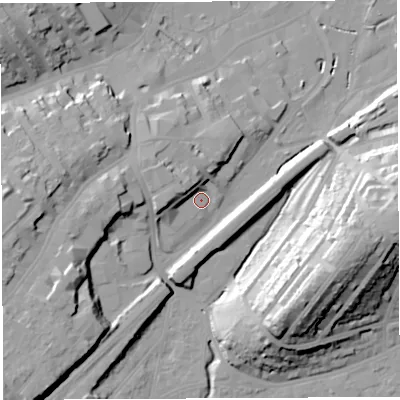 Shaded relief map of the ground around BS34JQ, computed from Environment Agency LiDAR. The ground here sits at about 12 m above sea level and falls 34 m across the surrounding 800 m. Surface water reaching this point runs off ground lying to the west, 8.5 m higher.