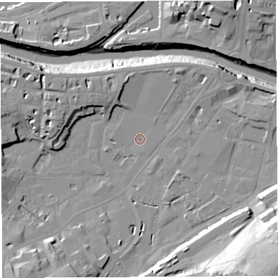 Shaded relief map of the ground around BS34JY, computed from Environment Agency LiDAR. The ground here sits at about 8 m above sea level and falls 38 m across the surrounding 800 m. Surface water reaching this point runs off ground lying to the south-west, 11.1 m higher.