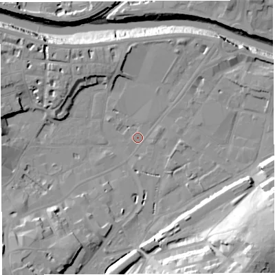 Shaded relief map of the ground around BS34JZ, computed from Environment Agency LiDAR. The ground here sits at about 8 m above sea level and falls 40 m across the surrounding 800 m. Surface water reaching this point runs off ground lying to the south-south-east, 29.3 m higher.