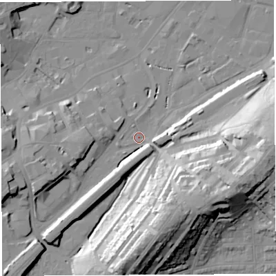 Shaded relief map of the ground around BS34NA, computed from Environment Agency LiDAR. The ground here sits at about 9 m above sea level and falls 35 m across the surrounding 800 m. Surface water reaching this point runs off ground lying to the south-south-east, 33.2 m higher.