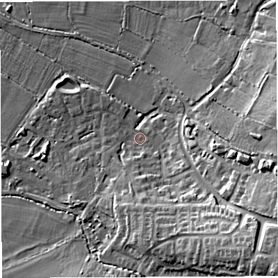 Shaded relief map of the ground around BS351AJ, computed from Environment Agency LiDAR. The ground here sits at about 17 m above sea level and falls 25 m across the surrounding 800 m. Surface water reaching this point runs off ground lying to the south-east, 18.4 m higher.