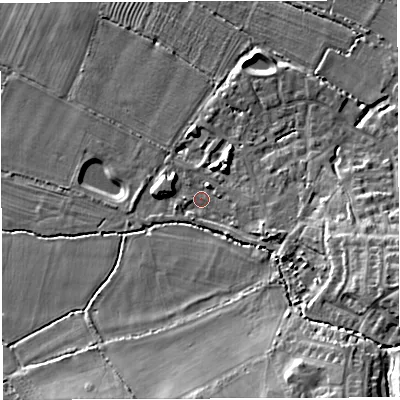 Shaded relief map of the ground around BS351AT, computed from Environment Agency LiDAR. The ground here sits at about 17 m above sea level and falls 17 m across the surrounding 800 m. Surface water reaching this point runs off ground lying to the east-south-east, 4.8 m higher.