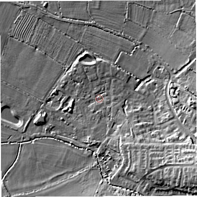 Shaded relief map of the ground around BS351BG, computed from Environment Agency LiDAR. The ground here sits at about 16 m above sea level and falls 20 m across the surrounding 800 m. Surface water reaching this point runs off ground lying to the south-south-east, 5.8 m higher.