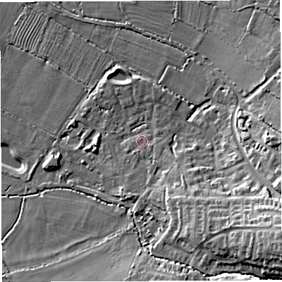 Shaded relief map of the ground around BS351BJ, computed from Environment Agency LiDAR. The ground here sits at about 17 m above sea level and falls 21 m across the surrounding 800 m. Surface water reaching this point runs off ground lying to the south-south-east, 5.0 m higher.