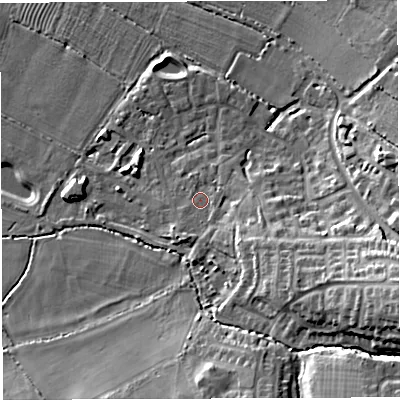 Shaded relief map of the ground around BS351BL, computed from Environment Agency LiDAR. The ground here sits at about 18 m above sea level and falls 20 m across the surrounding 800 m. Surface water reaching this point runs off ground lying to the south-east, 3.5 m higher.