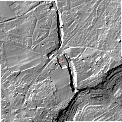 Shaded relief map of the ground around BS351DD, computed from Environment Agency LiDAR. The ground here sits at about 37 m above sea level and falls 22 m across the surrounding 800 m. Surface water reaching this point runs off ground lying to the south, 13.2 m higher.