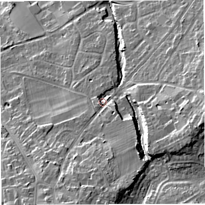 Shaded relief map of the ground around BS351DJ, computed from Environment Agency LiDAR. The ground here sits at about 37 m above sea level and falls 24 m across the surrounding 800 m. Surface water reaching this point runs off ground lying to the south-south-west, 12.0 m higher.