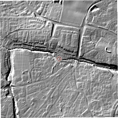 Shaded relief map of the ground around BS351FW, computed from Environment Agency LiDAR. The ground here sits at about 33 m above sea level and falls 30 m across the surrounding 800 m. Surface water reaching this point runs off ground lying to the south-east, 16.1 m higher.
