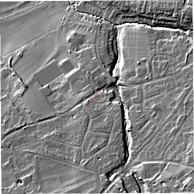 Shaded relief map of the ground around BS351HS, computed from Environment Agency LiDAR. The ground here sits at about 31 m above sea level and falls 29 m across the surrounding 800 m. Surface water reaching this point runs off ground lying to the south, 8.8 m higher.