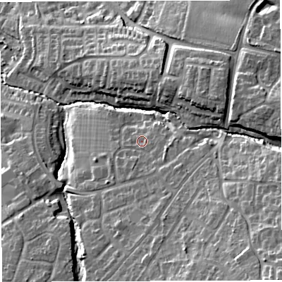 Shaded relief map of the ground around BS351JF, computed from Environment Agency LiDAR. The ground here sits at about 32 m above sea level and falls 30 m across the surrounding 800 m. Surface water reaching this point runs off ground lying to the south, 5.6 m higher.