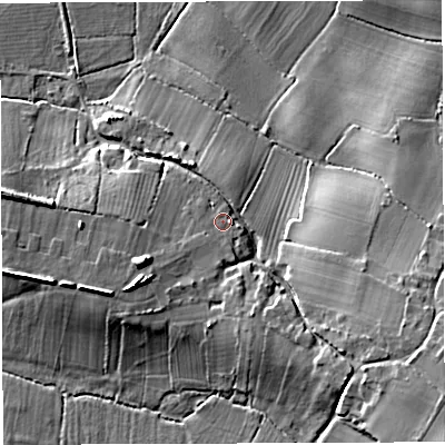Shaded relief map of the ground around BS351LD, computed from Environment Agency LiDAR. The ground here sits at about 14 m above sea level and falls 22 m across the surrounding 800 m. Surface water reaching this point runs off ground lying to the west-south-west, 6.8 m higher.