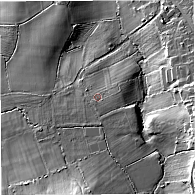 Shaded relief map of the ground around BS351NA, computed from Environment Agency LiDAR. The ground here sits at about 41 m above sea level and falls 29 m across the surrounding 800 m. Surface water reaching this point runs off ground lying to the south, 2.1 m higher.