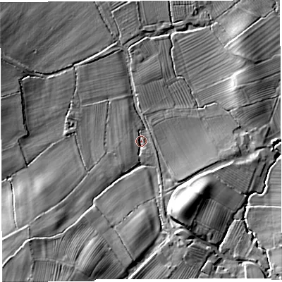 Shaded relief map of the ground around BS351NH, computed from Environment Agency LiDAR. The ground here sits at about 12 m above sea level and falls 32 m across the surrounding 800 m. Surface water reaching this point runs off ground lying to the south-west, 27.8 m higher.