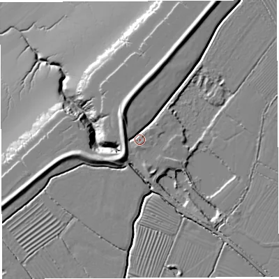 Shaded relief map of the ground around BS351NP, computed from Environment Agency LiDAR. The ground here sits at about 7 m above sea level and falls 14 m across the surrounding 800 m. Surface water reaching this point runs off ground lying to the north-west, 5.6 m higher.