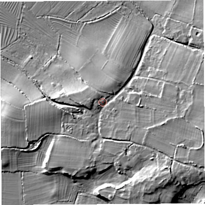 Shaded relief map of the ground around BS351NR, computed from Environment Agency LiDAR. The ground here sits at about 16 m above sea level and falls 17 m across the surrounding 800 m. Surface water reaching this point runs off ground lying to the south-east, 8.9 m higher.