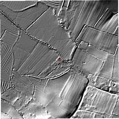 Shaded relief map of the ground around BS351NW, computed from Environment Agency LiDAR. The ground here sits at about 8 m above sea level and falls 15 m across the surrounding 800 m. Surface water reaching this point runs off ground lying to the north, 1.2 m higher.