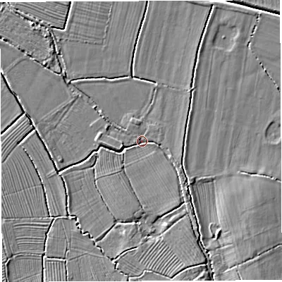 Shaded relief map of the ground around BS351PJ, computed from Environment Agency LiDAR. The ground here sits at about 7 m above sea level and falls 6 m across the surrounding 800 m. Surface water reaching this point runs off ground lying to the south-south-east, 3.7 m higher.