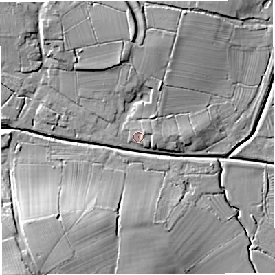 Shaded relief map of the ground around BS351PL, computed from Environment Agency LiDAR. The ground here sits at about 8 m above sea level and falls 27 m across the surrounding 800 m. Surface water reaching this point runs off ground lying to the east, 2.6 m higher.