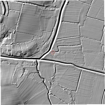 Shaded relief map of the ground around BS351PN, computed from Environment Agency LiDAR. The ground here sits at about 6 m above sea level and falls 16 m across the surrounding 800 m. Surface water reaching this point runs off ground lying to the north-west, 8.4 m higher.