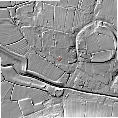 Shaded relief map of the ground around BS351PP, computed from Environment Agency LiDAR. The ground here sits at about 7 m above sea level and falls 11 m across the surrounding 800 m. Surface water reaching this point runs off ground lying to the north-north-east, 4.6 m higher.