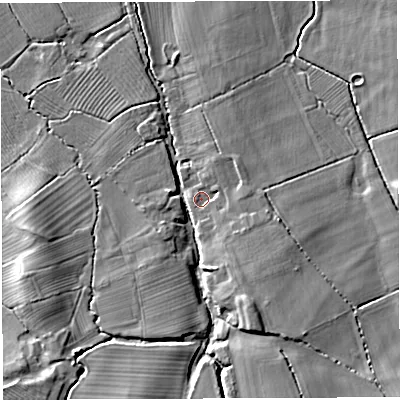 Shaded relief map of the ground around BS351PQ, computed from Environment Agency LiDAR. The ground here sits at about 10 m above sea level and falls 10 m across the surrounding 800 m. Surface water reaching this point runs off ground lying to the east-south-east, 2.6 m higher.
