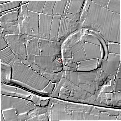 Shaded relief map of the ground around BS351PR, computed from Environment Agency LiDAR. The ground here sits at about 8 m above sea level and falls 11 m across the surrounding 800 m. Surface water reaching this point runs off ground lying to the north-north-east, 5.3 m higher.