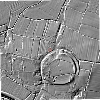 Shaded relief map of the ground around BS351PT, computed from Environment Agency LiDAR. The ground here sits at about 9 m above sea level and falls 11 m across the surrounding 800 m. Surface water reaching this point runs off ground lying to the east-south-east, 5.7 m higher.
