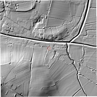 Shaded relief map of the ground around BS351PW, computed from Environment Agency LiDAR. The ground here sits at about 7 m above sea level and falls 25 m across the surrounding 800 m. Surface water reaching this point runs off ground lying to the south-south-west, 7.0 m higher.