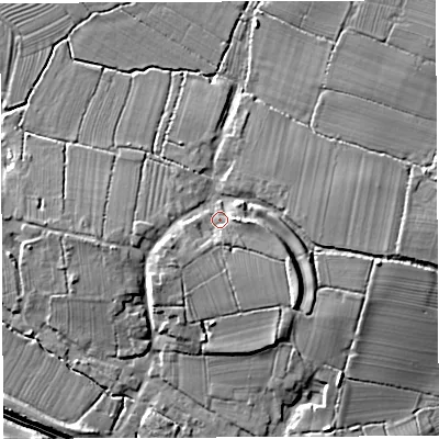 Shaded relief map of the ground around BS351PX, computed from Environment Agency LiDAR. The ground here sits at about 10 m above sea level and falls 11 m across the surrounding 800 m. Surface water reaching this point runs off ground lying to the east-south-east, 5.3 m higher.