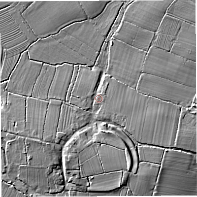 Shaded relief map of the ground around BS351PZ, computed from Environment Agency LiDAR. The ground here sits at about 9 m above sea level and falls 9 m across the surrounding 800 m. Surface water reaching this point runs off ground lying to the south-south-east, 5.9 m higher.
