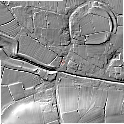 Shaded relief map of the ground around BS351QA, computed from Environment Agency LiDAR. The ground here sits at about 6 m above sea level and falls 22 m across the surrounding 800 m. Surface water reaching this point runs off ground lying to the east-north-east, 7.9 m higher.